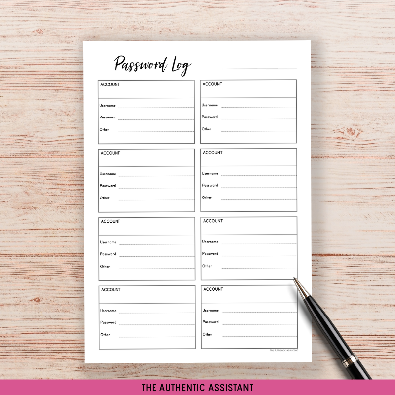 A printable Password Log Template