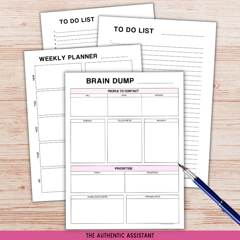 A printable brain dump planner set. Includes one bran dump planner page, a weekly planner page and two pages on to do list versions