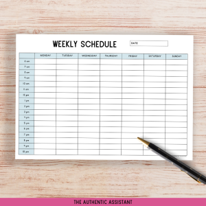 A printable weekly schedule planner template. Landscape format