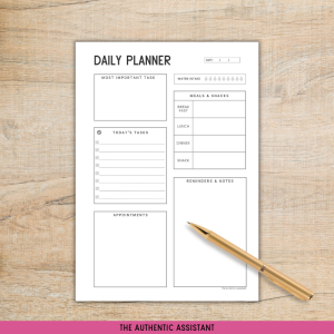 A printable daily planner template page.
