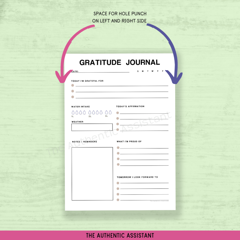 A printable gratitude journal template page. Space on both side for hole punches