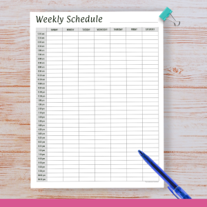 A printable half hourly weekly schedule planner template page.