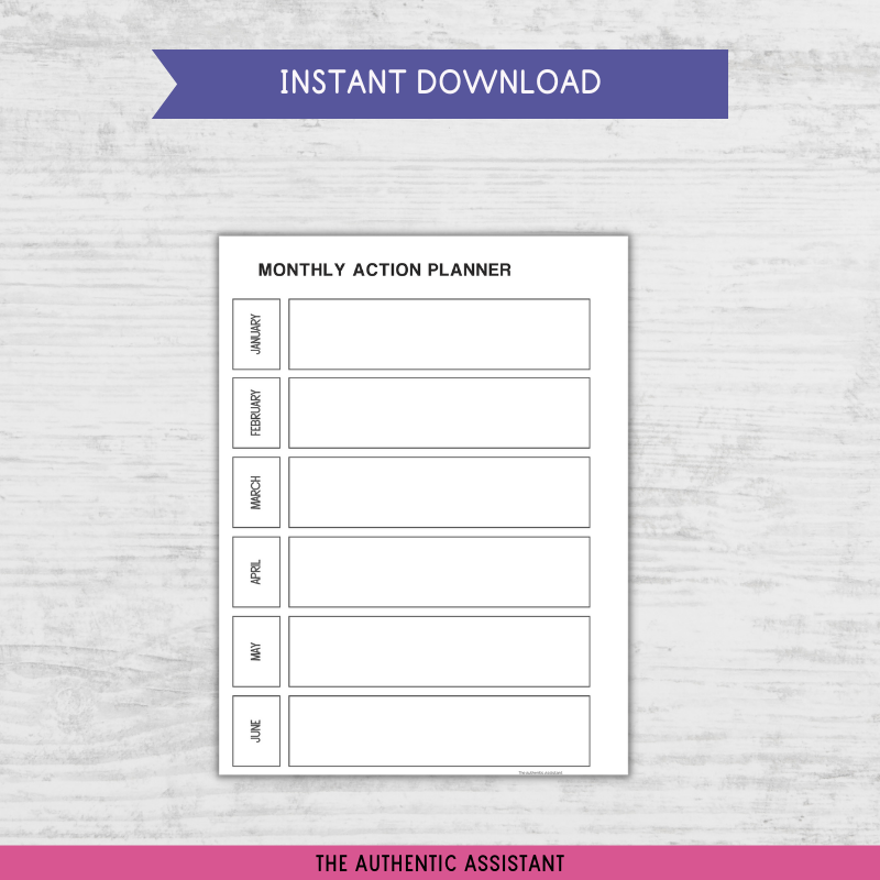 A printable monthly action planner. 2 Pages. Jan-Jun and Jul-Dec.