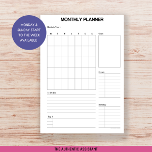 A printable undated monthly planner template.