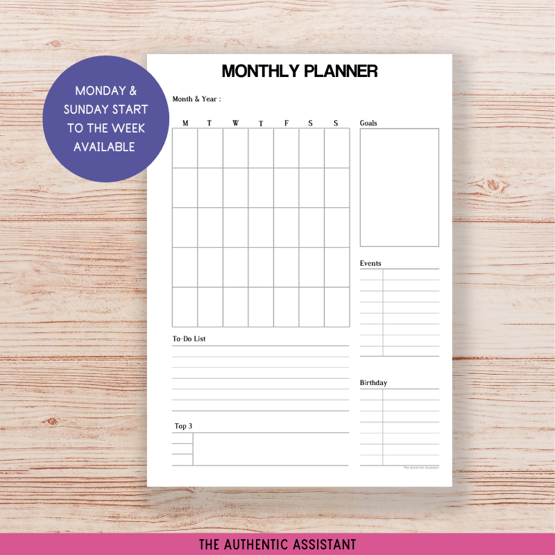 A printable undated monthly planner template.