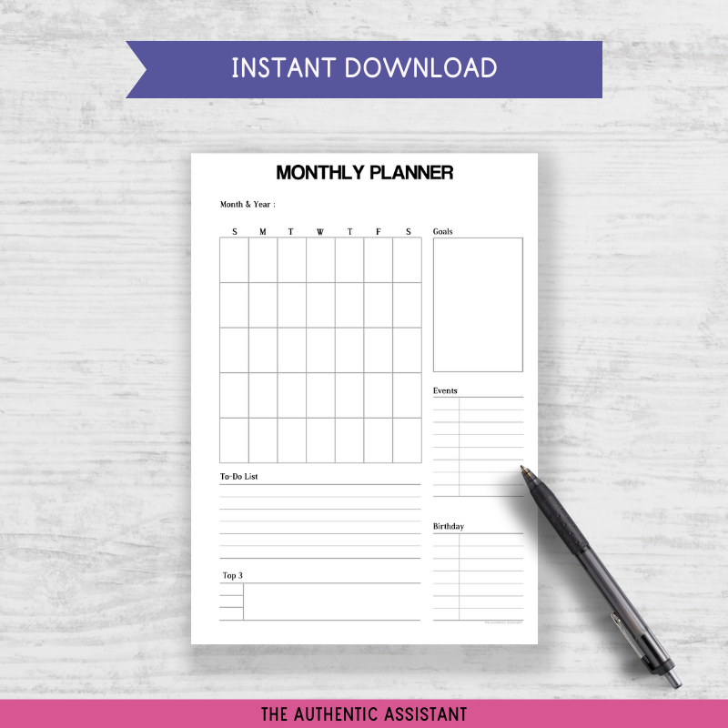 A printable undated monthly planner template.