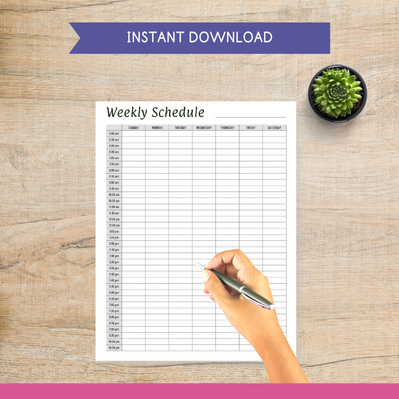 A printable half hourly weekly schedule planner template page.
