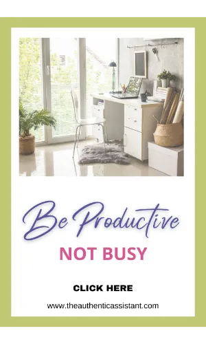 A photo of an organised work space. The caption reads Be productive not busy. click here and find out more