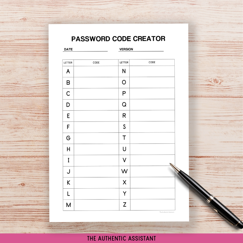 A printable password code creator template in 3 versions.