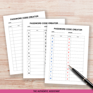 A printable password code creator template in 3 versions.