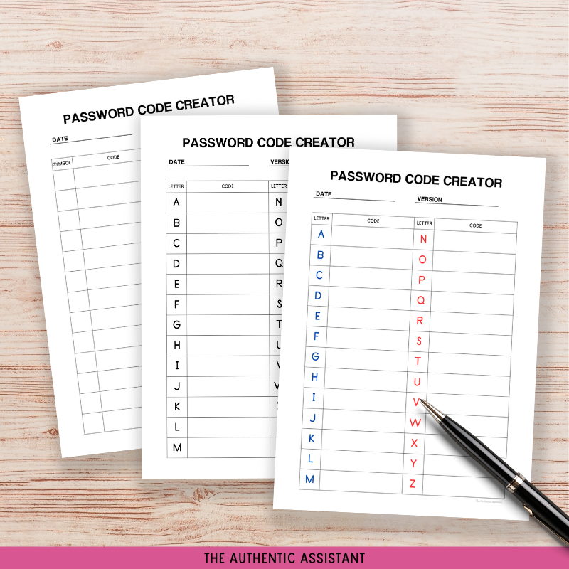 A printable password code creator template in 3 versions.