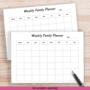 A printable weekly family planner template. Monday and Sunday start to the week.