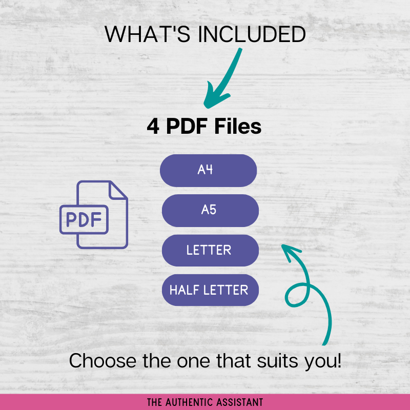 what is included. 4 pdf files. A4, A5, Half Letter and Letter size