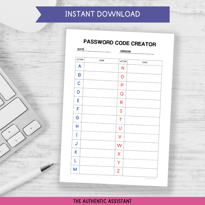 A printable password code creator template in 3 versions. instant download