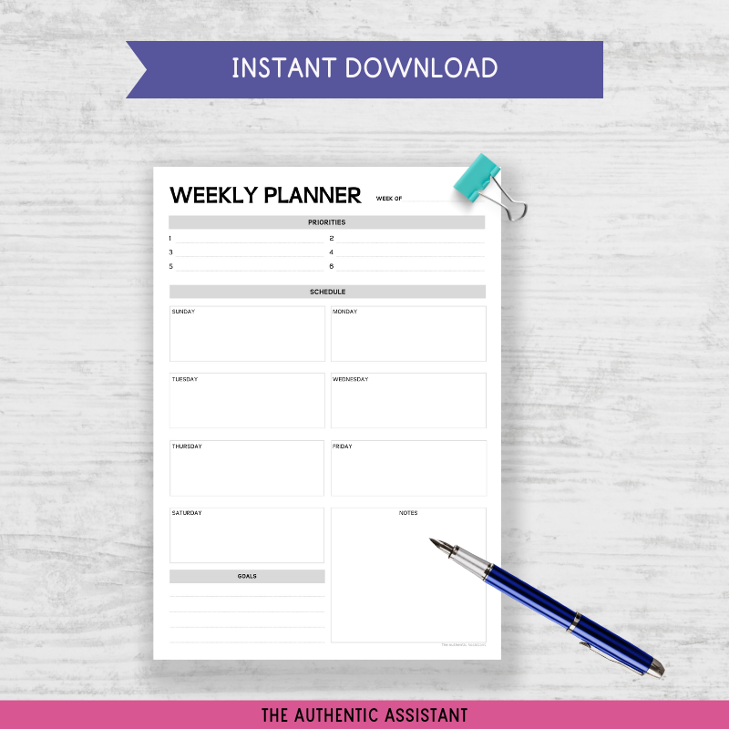 Undated Weekly Planner template. Instant download print at home