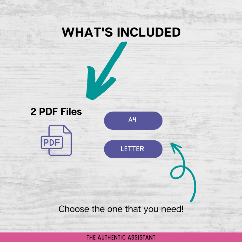 Included in the price are 2 pdf files A4 and Letter size.