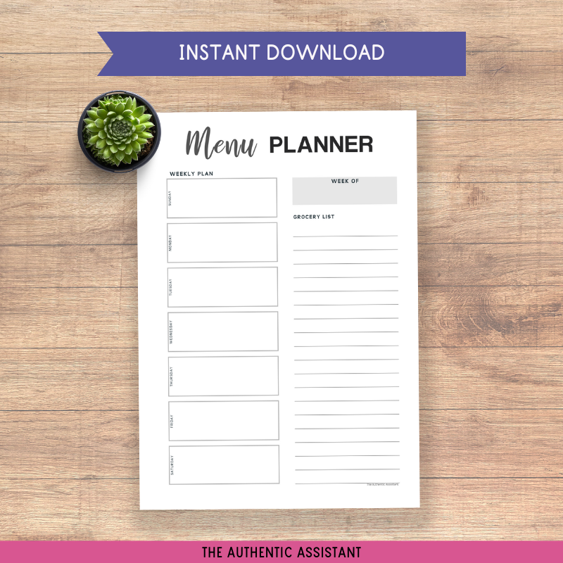 Instant download weekly menu planner