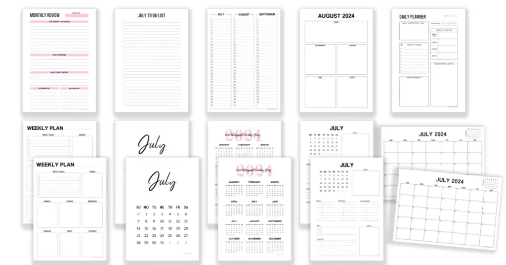 A selection of free July planner pages to download