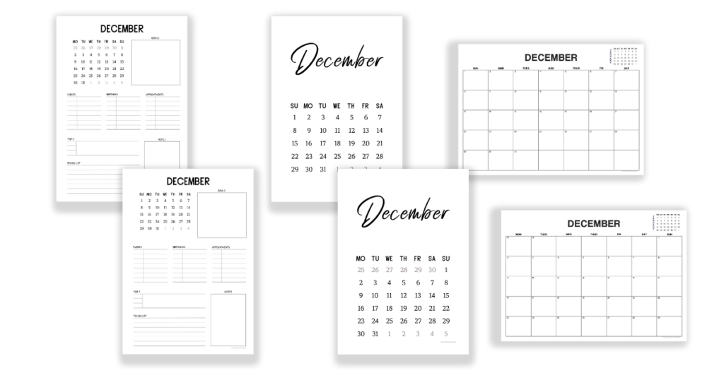 December monthly planners and calendars in six different formats.