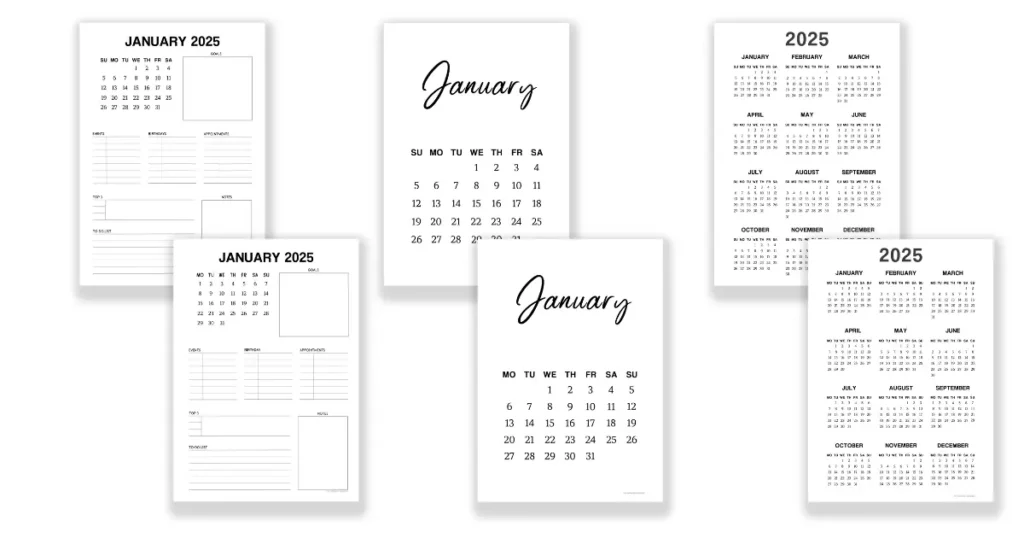 Different options of January calendar and 2025 calendar on one page