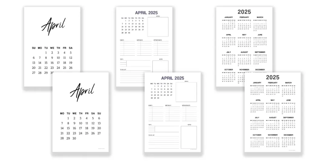 Monday and Sunday start calendars available