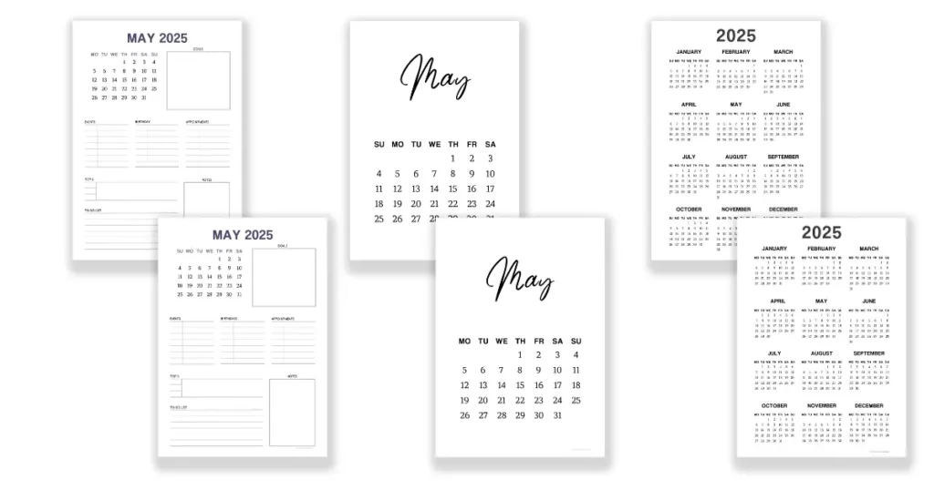 printable May calendar and 2025 calendar on one page. Free download