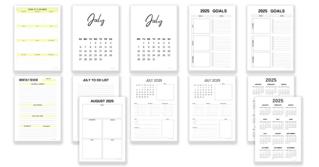 Free July monthly printable planners