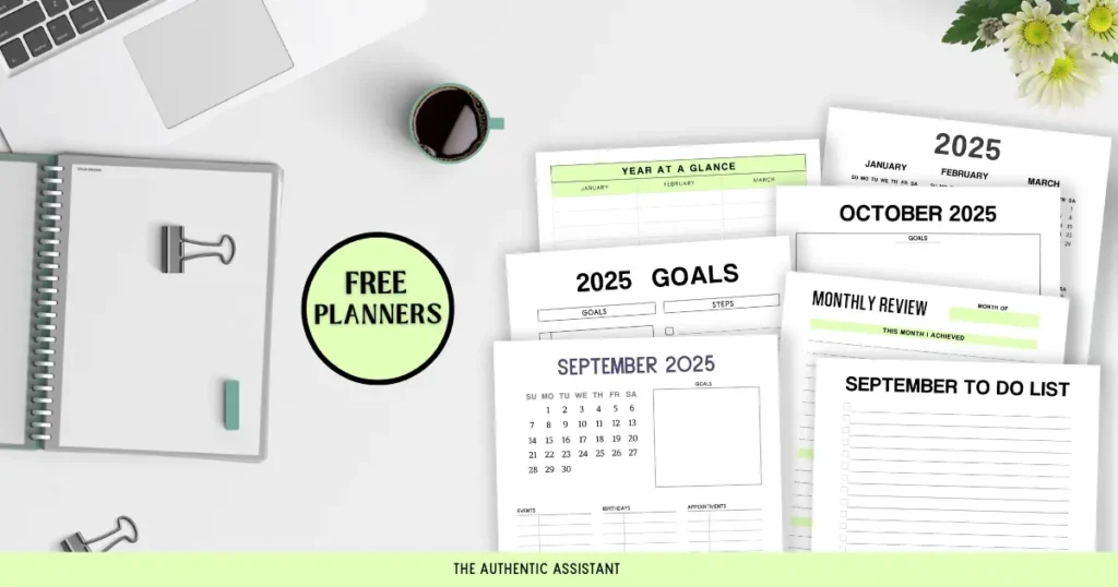 A collection of free printable planners for September 2025 on a desk top.