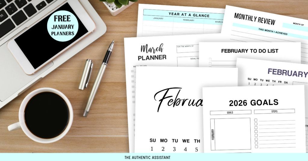 A photo of a desk top with a laptop, cup of coffee and a pen. A pile of free February printable planners beside them.