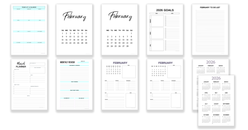 A set of free printable planners for February