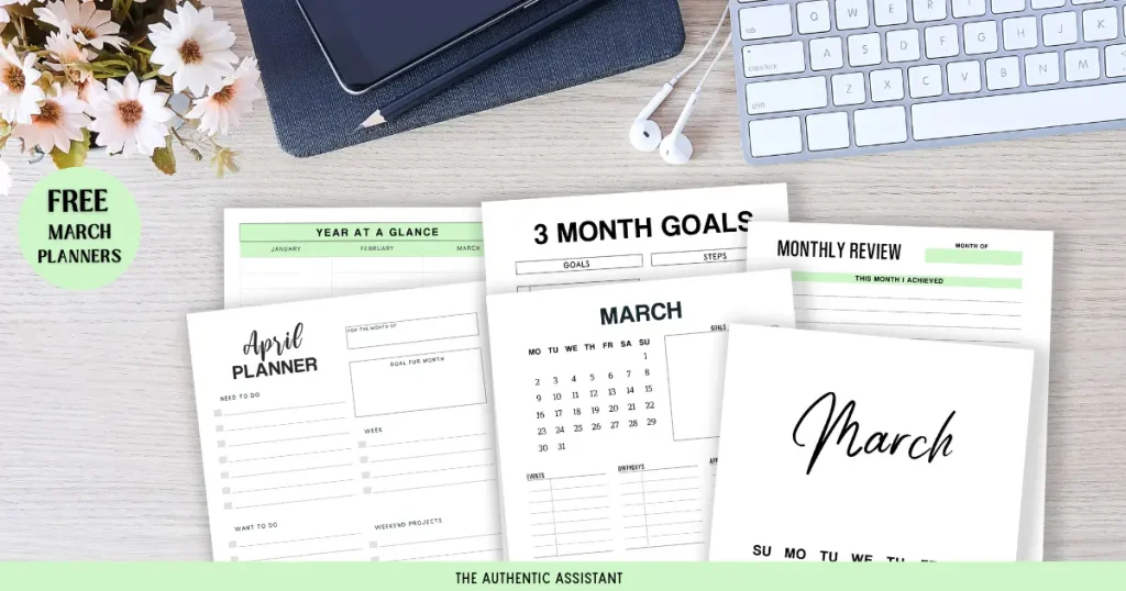A photo of a desk with lap top and keyboard. A selection of free March Printable planners as well.
