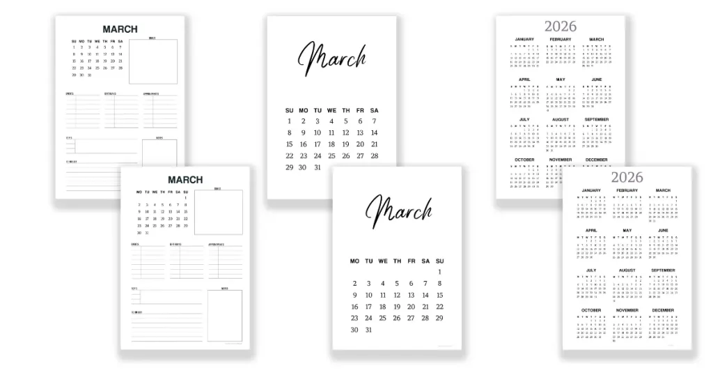 A selection of the free printable March planners