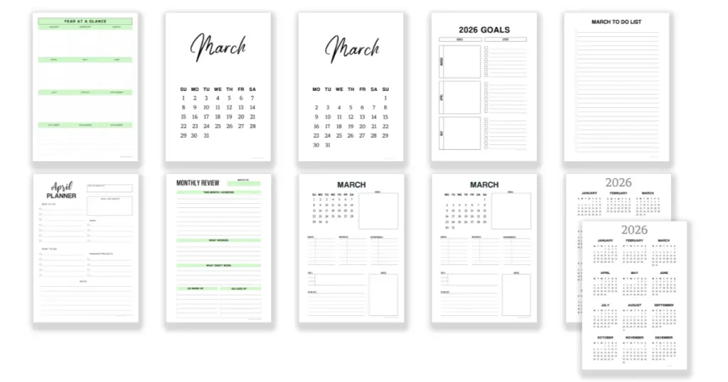 A display of the free printable planner pages for March