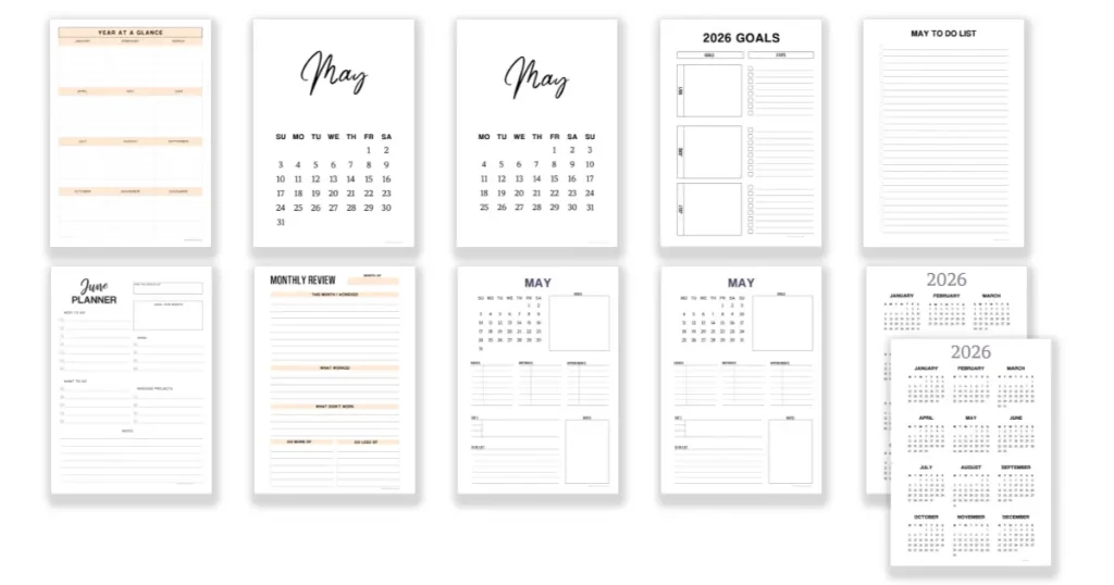 The selection of free May printable planners to download
