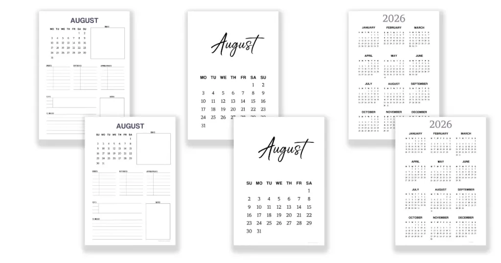 Free August monthly planners