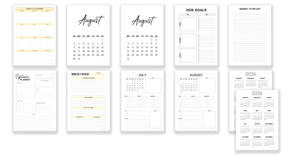 A collection of free printable planner templates for August
