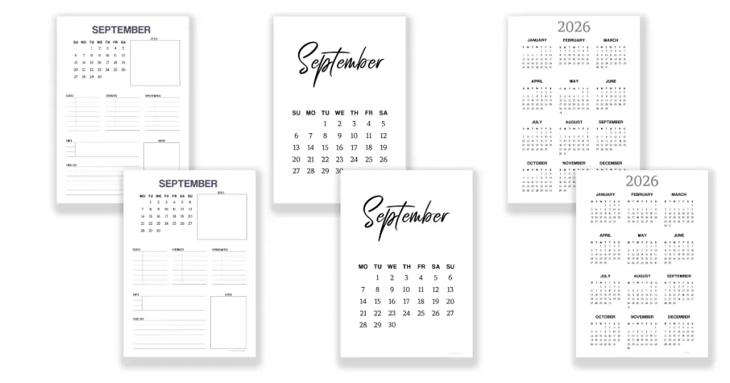 Free 2026 calendar on one page and two versions of September monthly planner templates. Monday and Sunday start to the week for all options