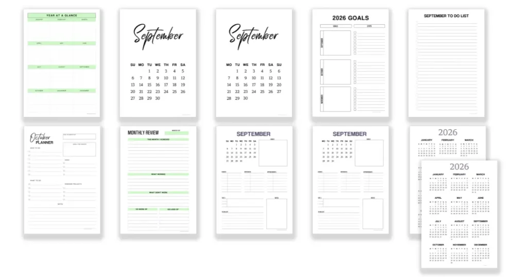 A collection of 11 September printable planner templates. Monday and Sunday start to the week