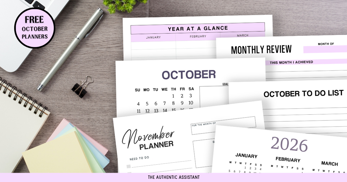 Photo of a desk with free printable planner templates on it beside sticky notes and a pen