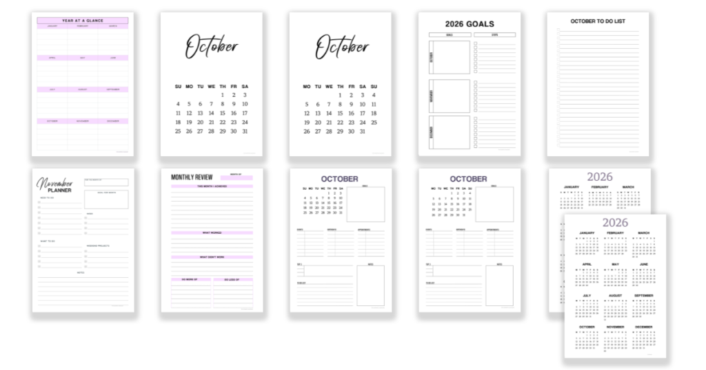 Example of the free October printable planner templates