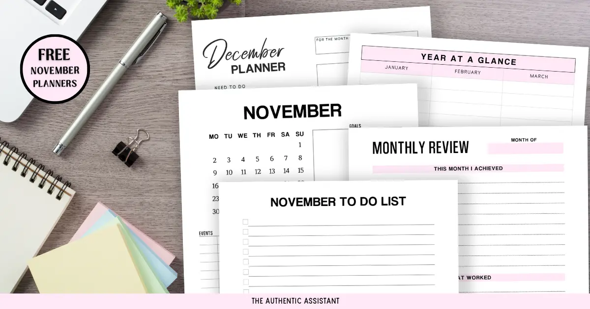 Desktop view of laptop, post it notes and pens. Display of free November printable planner templates